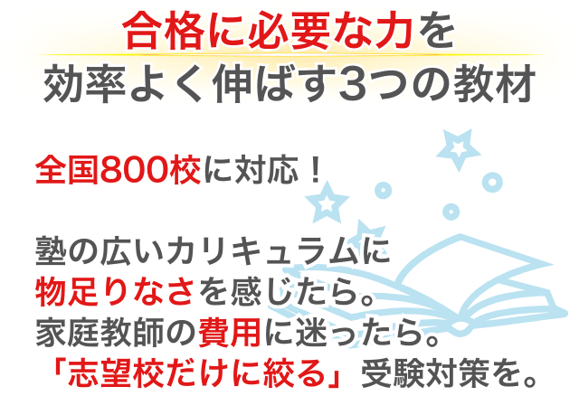 全国800校に対応!塾の広いカリキュラムに物足りなさを感じたら。家庭教師の費用に迷ったら。「志望校だけに絞る」受験対策を。